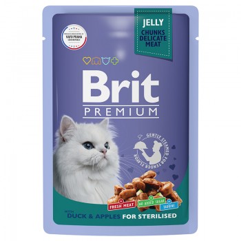 Brit Premium, пауч для взр. кошек с уткой и яблоками в желе, 85 г