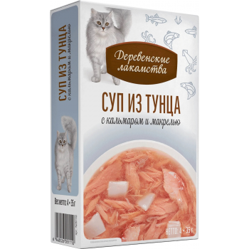 Лакомство д/кошек Деревенские лакомства пауч Суп из тунца с кальмаром и макрелью 4*35 г