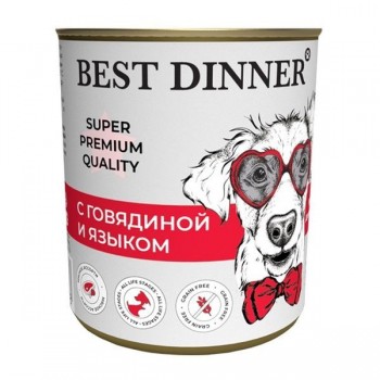 Best Dinner Dog Super Premium Мясные деликатесы  конс. для собак и щенков с говядиной и язык 0,34 кг