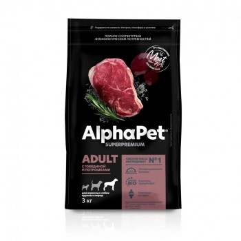AlphaPet Superpremium корм д/взрослых собак кр. пород говяд. и потрошк, 3,0 кг