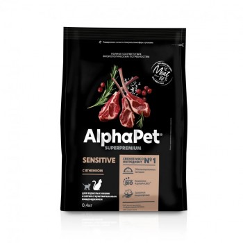 AlphaPet Superpremium сухой корм для кошек с чув-м пищеварением с ягненком, 0,4 кг