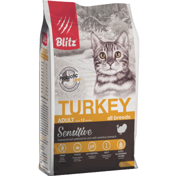 АКЦИЯ: (Скидка 15%) срок до 09.08.25 Blitz Adult сухой корм для взрослых кошек, индейка, 0,4 кг