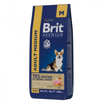 Brit Premium Dog Adult Medium, для собак ср.  пород с курицей (10–25 кг) 15 кг