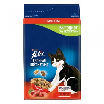 Felix, сухой корм для кошек двойная вкуснятина с мясом, 3 кг