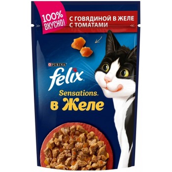 АКЦИЯ: (Скидка 31%) Felix, пауч для кошек Sensations говядина и томаты в желе 75 г