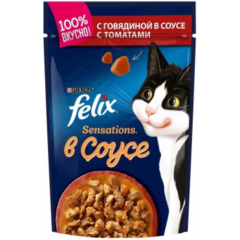 АКЦИЯ: (Скидка 31%) Felix, пауч для кошек, Sensations говядина и томаты в соусе 75 г