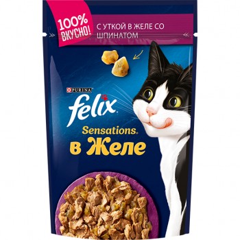 АКЦИЯ: (скидка 31%) Felix, пауч для кошек, Sensations утка и шпинат в желе 75 г