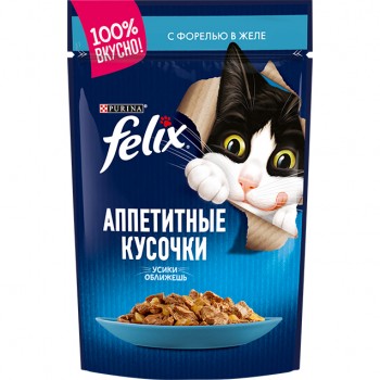 АКЦИЯ: (Скидка 15%) Felix, пауч для кошек, аппетитные кусочки с форелью в желе, 85 г