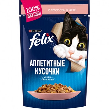 Felix, пауч для кошек, аппетитные кусочки с лососем в желе, 85 г