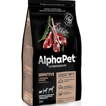 AlphaPet Superpremium корм д/взрослых собак мелких. пород ягненок/рис, 3,0 кг