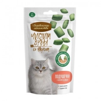 Лакомство д/кошек Деревенские лакомства Чистим зубы подушечки с кремом из лосося 30 г