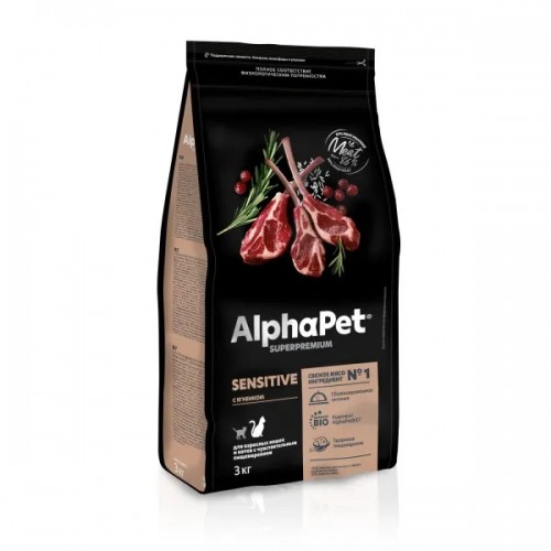 AlphaPet Superpremium для кошек взрослых с чув. пищ. ягненок 3 кг AlphaPet Superpremium для кошек взрослых с чув. пищ. ягненок 3 кг