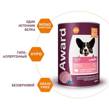 AWARD паштет из индейки с черникой для взрослых собак, 400 г
