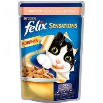 АКЦИЯ: (Скидка 31%) Felix, пауч для кошек, Sensations, лосось и треска в желе, 75 г