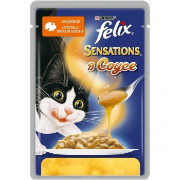 АКЦИЯ: (Скидка 31%) Felix, пауч для кошек, Sensations, индейка и бекон в соусе, 75 г