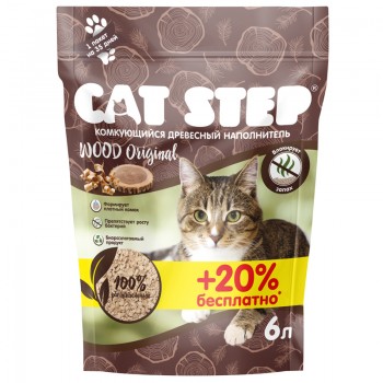 АКЦИЯ: (Подарок 20%) Наполнитель растительный Cat Step Wood Original древесный комкующийся 6 л