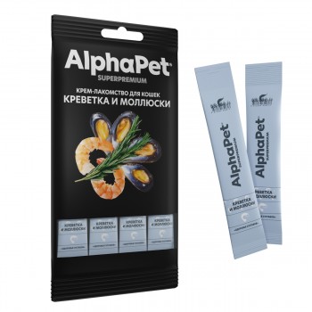 АКЦИЯ: (Скидка 25%) Лакомство AlphaPet Superpremium крем-лакомство для кошек креветка моллюски 48 г