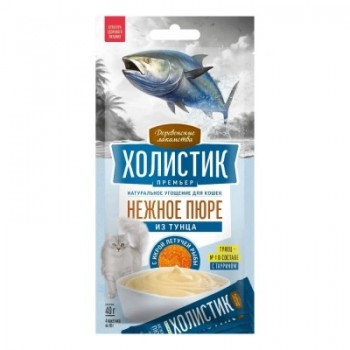 Лакомство д/кошек Деревенские лакомства Холистик Премьер неж. пюре из тунца с икрой лет.рыбы 4*10 г