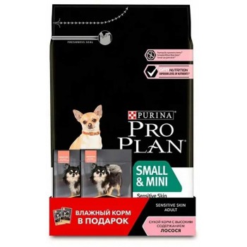 Pro Plan Small Adult, для собак мелк. пород, лосось, 3 кг+2 пауча