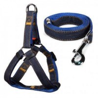 Шлейка+поводок джинсовый Triol синий, 20*450-600 мм; 20*1200 мм