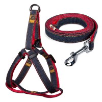 Шлейка+поводок джинсовый Triol красный, 20*450-600 мм; 20*1200 мм